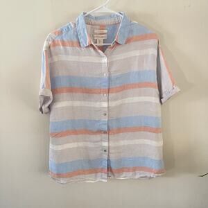 Cynthia Rowley Linen Button Up Shirt Womens Large Light Blue Peach Summer Casual